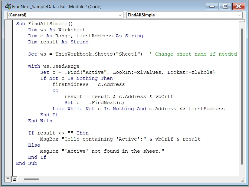 Find and Show Cell Values of All Occurrences Together Using FindNext Method