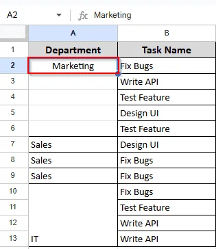 showing the result in A2 that all the cells are unmerged