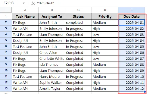 dragging to autofill the column E in the same date pattern