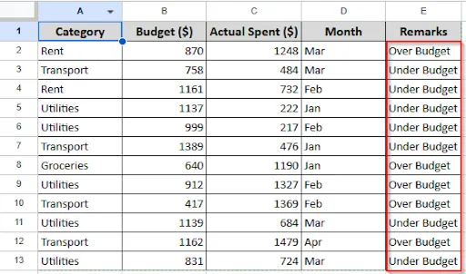 dragging to see other cells budget result
