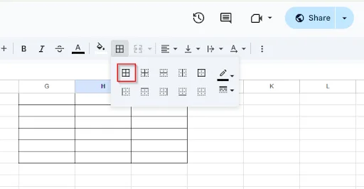 clicking on all borders option