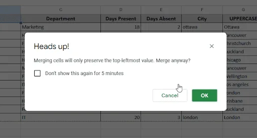 merging message to preserve the top leftmost value