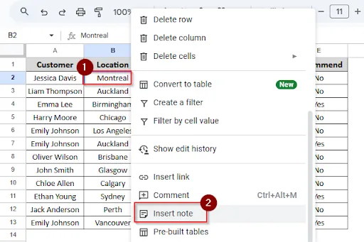 insert note option