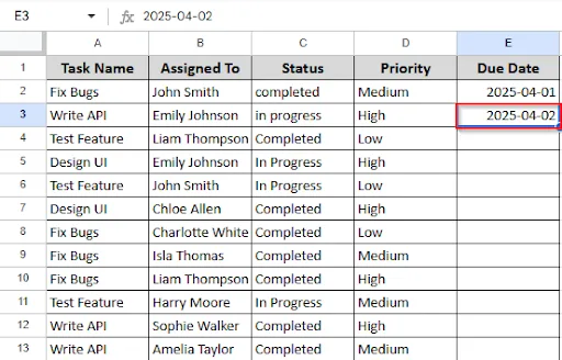 writing date on cell E3