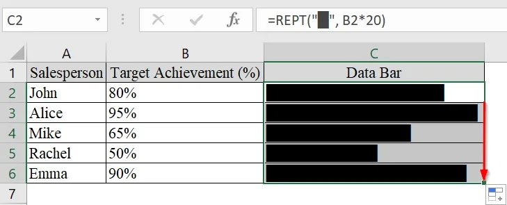 Applying REPT Function to Show Data Bars with Percentage