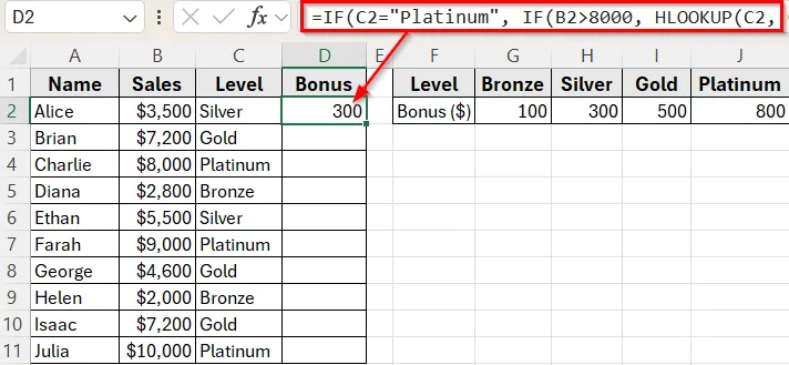Nested IF with HLOOKUP to Apply Custom Bonus Rules