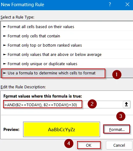 Use AND and TODAY Functions to Highlight Dates Within 30 Days Dynamically