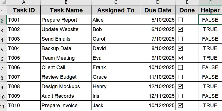 Highlight Rows Based on Checkbox Value Using IF Formula