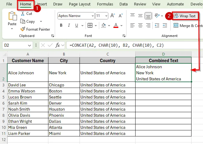 Using CONCAT Function to Concatenate with a Line Break in Excel