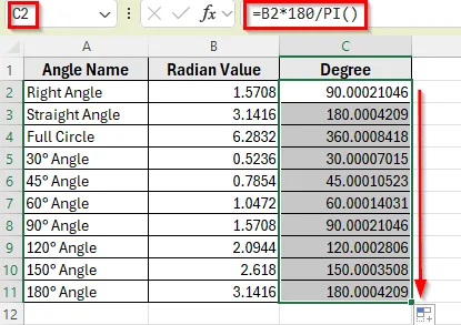 Apply a Simple Formula with PI Function to Convert Radians Manually
