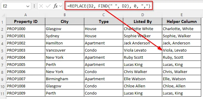 Place a Comma Between Two Names with the REPLACE and FIND Functions