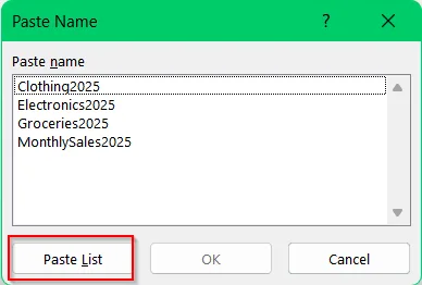 Using Keyboard Shortcut to Paste Range Names in Excel