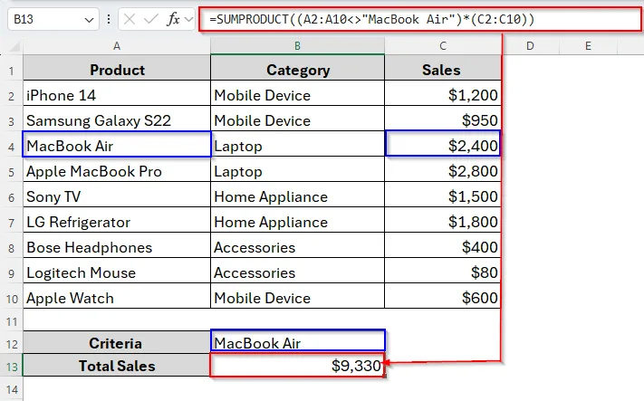 Alternative to SUMIFS Function for Not Equal to Text Criteria