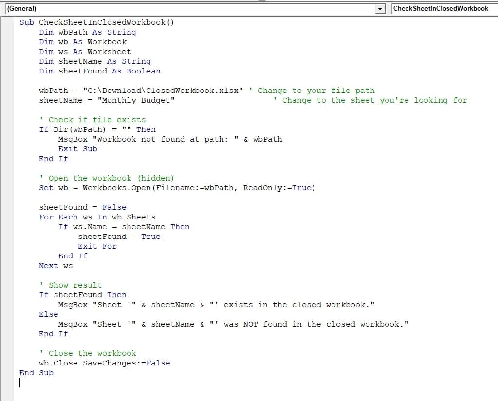 Check If the Sheet Exists in a Closed Workbook