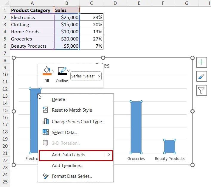 adding data labels in column chart