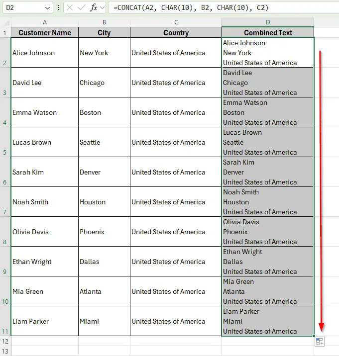 Using CONCAT Function to Concatenate with a Line Break in Excel