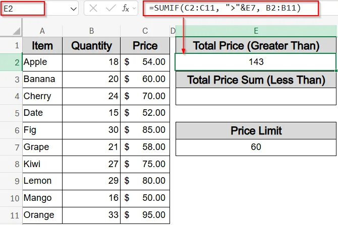 Split SUMIF Function for Greater Than and Less Than a Cell Value