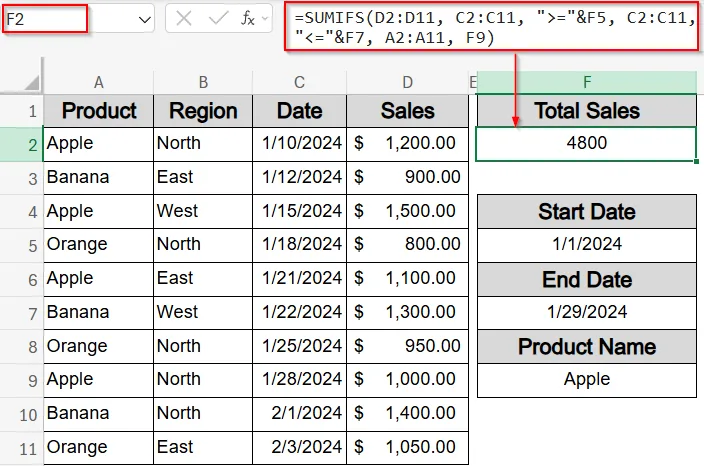 Use SUMIFS Function with Multiple Criteria Along Columns and a Date Range