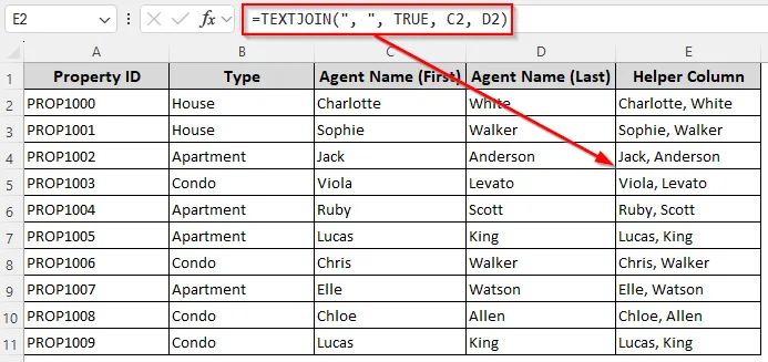 Adding a Comma Between Names in Different Rows/Columns with the TEXTJOIN Function
