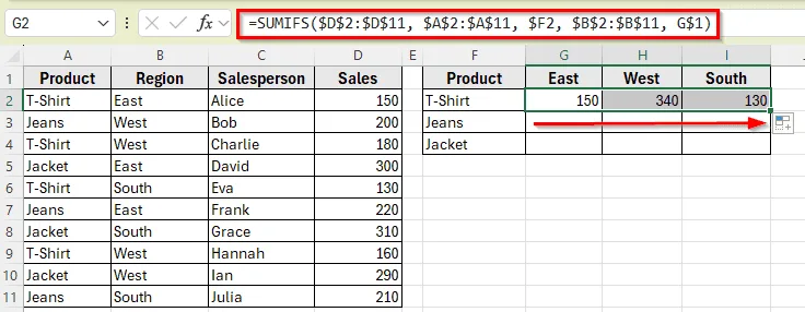 Applying SUMIFS Function in a Matrix Layout