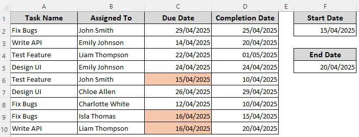 Format Dates That are Between Two Dates in Other Cells