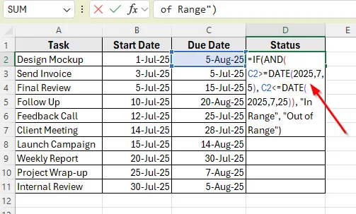 Check If a Task Falls Between Two Dates