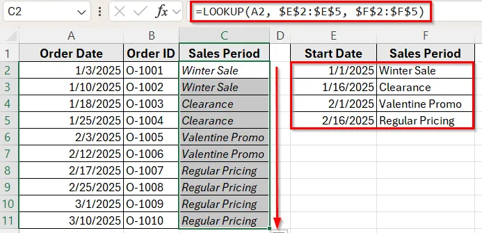 Use LOOKUP Function for Sorted Date Ranges