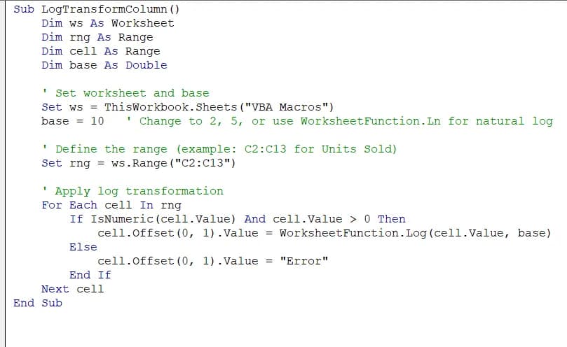 Log Transformation with VBA Automation