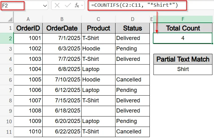 Use COUNTIFS Function for Partial Text Matches and Excluding Blanks