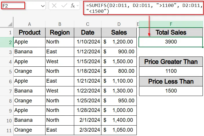 Apply SUMIFS Function with Multiple Criteria and a Numeric Range