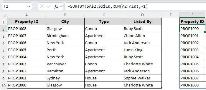 Flip Table Data with the SORTBY and ROW Functions