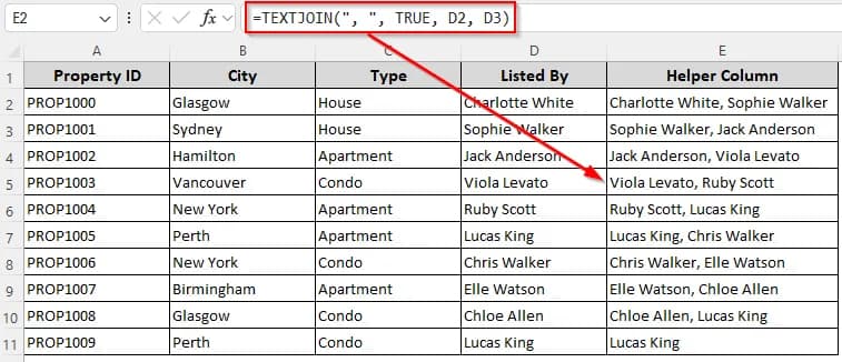 Adding a Comma Between Names in Different Rows/Columns with the TEXTJOIN Function