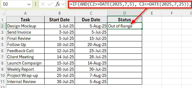 Check If a Task Falls Between Two Dates