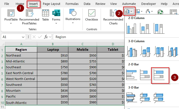 Design a 2-D/3-D 100% Stacked Bar Graph
