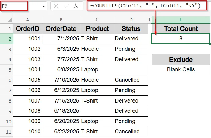 Use COUNTIFS Function for Partial Text Matches and Excluding Blanks