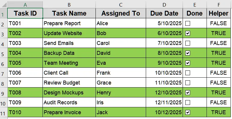 Highlight Rows Based on Checkbox Value Using IF Formula