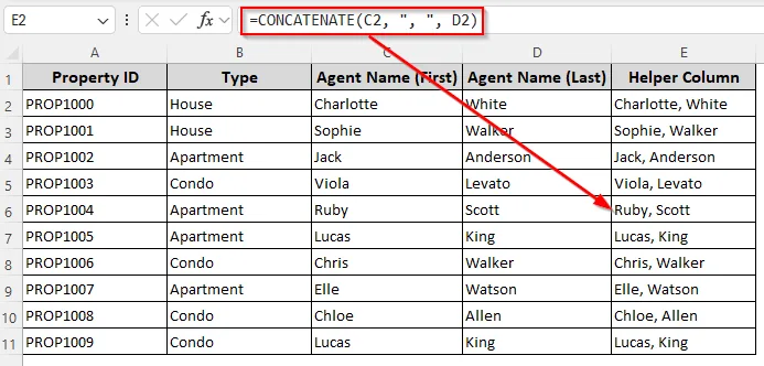 Adding a Comma Between Names in Different Rows/Columns with the CONCATENATE Function
