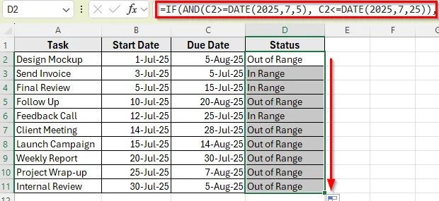 Check If a Task Falls Between Two Dates