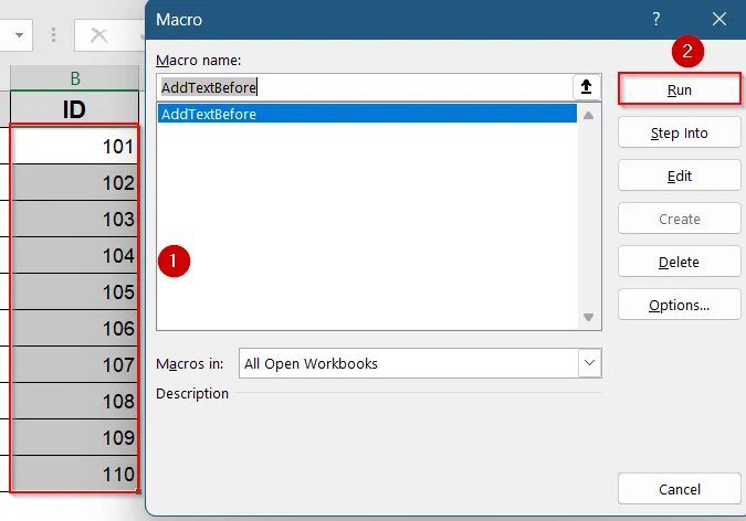 Running VBA Macro to Add Prefixes in an Adjacent Column in Excel