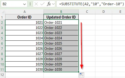 Using the SUBSTITUTE Function to Add Text in Multiple Cells
