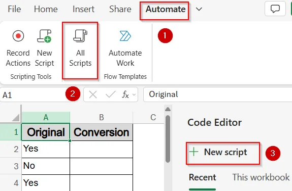 Use Office Scripts to Convert Yes/No to 1/0 (Excel Online)