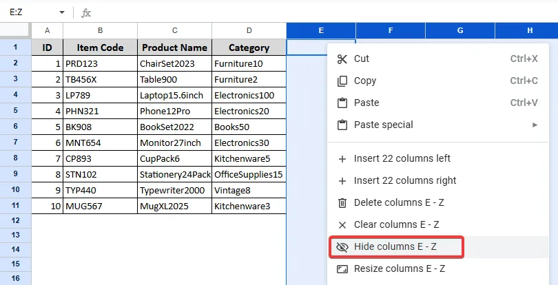Using the Context Menu Options to Hide Unused Cells