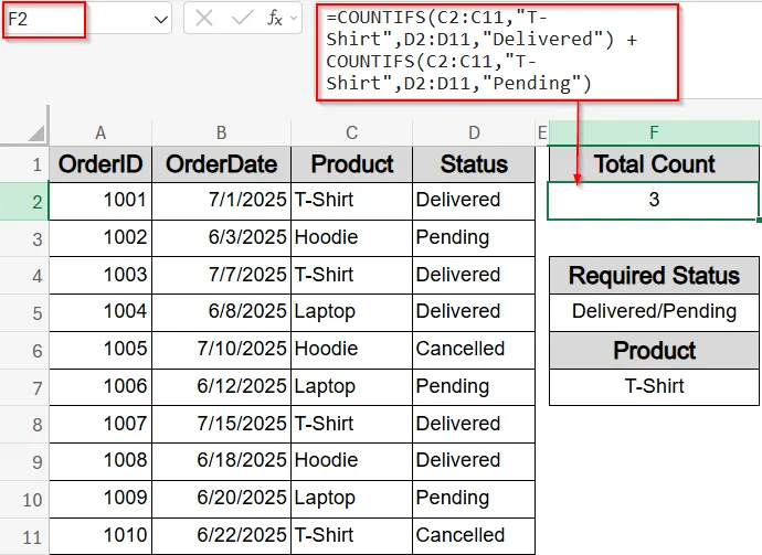 Simulate OR Logic with COUNTIFS Function Using Arrays or Additions