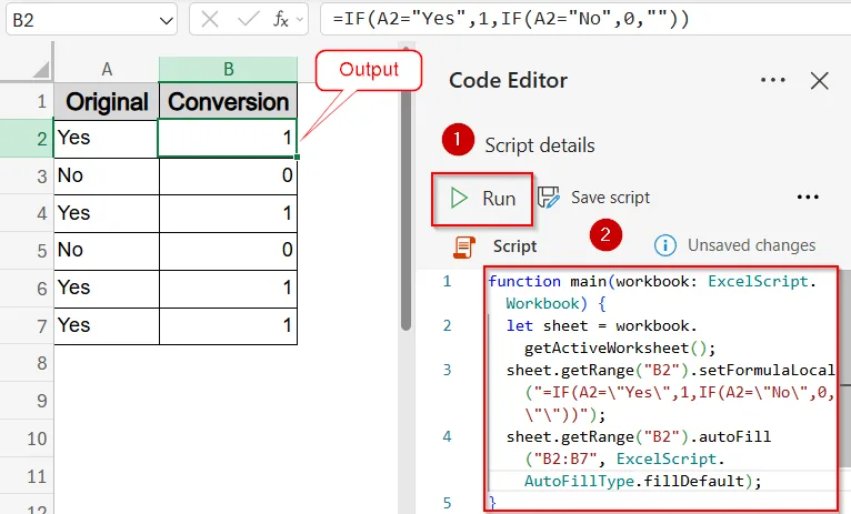 Use Office Scripts to Convert Yes/No to 1/0 (Excel Online)