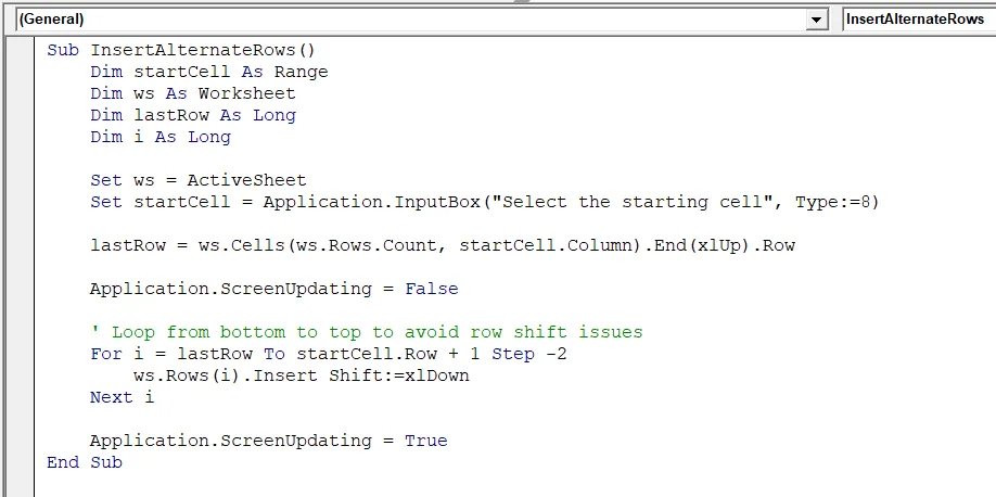 Insert Alternate Rows from a Specific Cell