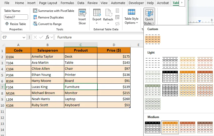 Changing Page Theme to Replace the Entire Table's Color Palette
