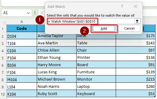 Create a Watch Window with Table Data