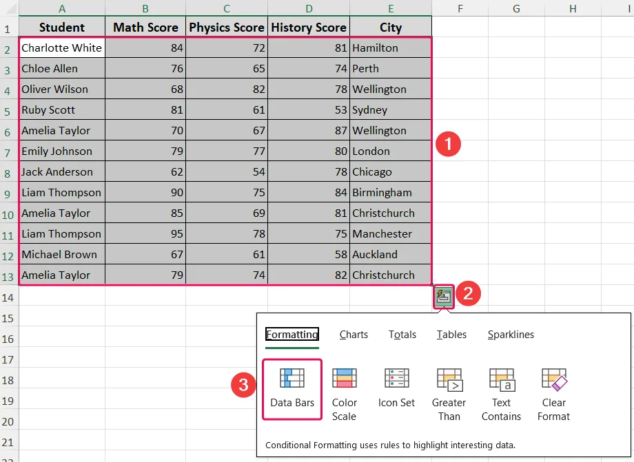 Using Data Bars Conditional Formatting Option from Quick Analysis Tool to Selected Cells