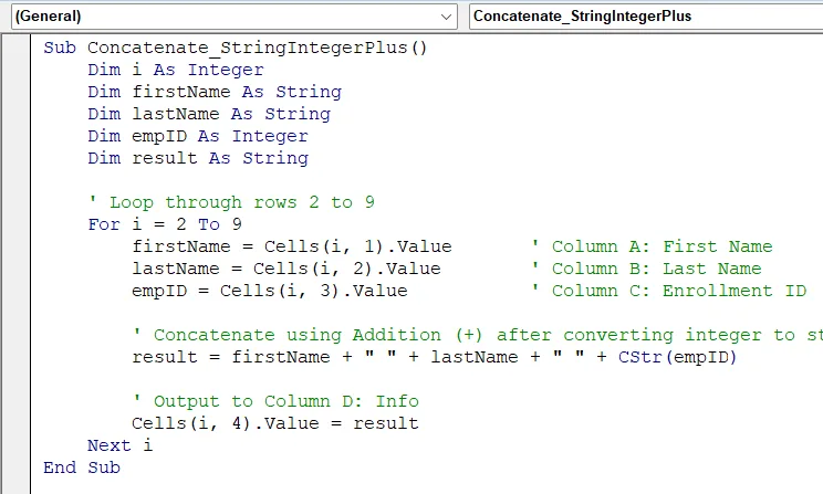 Concatenate String and Integer Using the Addition Operator in VBA