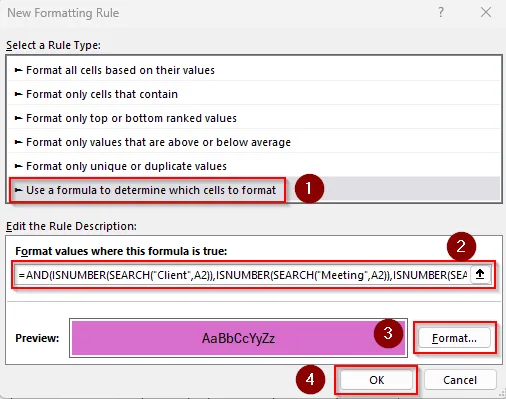 Format Cells That Contain All of Multiple Text Values